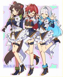 3girls ange_katrina animal_ears arm_behind_back armband artist_name asymmetrical_footwear between_legs blue_armband blue_boots blue_capelet blue_eyes blue_hair blue_jacket blue_shirt blue_skirt blue_sleeve_cuffs boots border bow braid breasts bright_pupils brown_hair brown_tail capelet closed_eyes closed_mouth collared_shirt colored_inner_hair commentary_request cropped_jacket crossed_bangs cup_hair_ornament dog_ears dog_girl dog_tail drop_shadow earrings feather_earrings feathers flat_chest fold-over_boots frilled_shirt frilled_skirt frills gold_trim green_sleeve_cuffs gyaru_v hair_bow hair_intakes hair_ornament hand_up hands_up headset high_heel_boots high_heels highres idol_clothes inui_toko inward_v jacket jewelry layered_shirt layered_skirt leg_up lize_helesta long_hair long_sleeves looking_at_viewer low_twin_braids medium_breasts midriff miniskirt multicolored_hair multiple_girls nijisanji nijisanji_idol_uniform one_eye_closed open_mouth outline outside_border purple_background red_capelet red_eyes red_hair sanbaka_(nijisanji) shirt short_hair sidelocks silver_tiara skirt sleeve_cuffs small_breasts smile spread_fingers standing standing_on_one_leg star_(symbol) star_symbol_background streaked_hair style_request tail tail_between_legs thigh_strap tiara triangle_mouth twin_braids two-sided_capelet two-tone_hair v v_over_eye v_over_mouth very_long_hair virtual_youtuber watermark waving white_border white_bow white_hair white_outline white_pupils white_shirt white_skirt yaguyaguchii