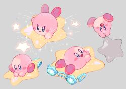 1boy :d :o blue_eyes blush_stickers bright_pupils closed_mouth dot_mouth full_body grey_background hands_on_ground hoshikuzu_pan kirby kirby_(series) kirby_air_ride kirby_air_riders lying multiple_views nintendo no_humans no_nose on_stomach open_mouth scene_reference simple_background sitting smile sparkle star_(symbol) upside-down v-shaped_eyebrows warp_star white_pupils