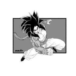 Rule 34 | 1boy, black hair, blue sash, body fur, dougi, dragon ball, dragon ball gt, highres, long hair, looking at viewer, male focus, monkey boy, monkey tail, monochrome, muscular, muscular male, no nipples, noir illust, pants, pectorals, red fur, saiyan, sash, solo, son goku, spiked hair, super saiyan, super saiyan 4, tail, yellow pants