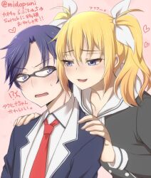 1boy 1girl :d arimura_hinae black_jacket blonde_hair blue_eyes blue_hair blush chaos;child dress_shirt glasses hair_ribbon hekiho_academy_school_uniform hood hooded_jacket jacket long_hair longerthan looking_at_another miyashiro_takuru necktie open_mouth red_necktie ribbon sailor_collar school_uniform science_adventure shirt short_hair simple_background smile smug tongue translation_request twintails twitter_username wavy_mouth white_hood