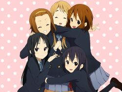 5girls :d akiyama_mio black_eyes black_hair blonde_hair blue_eyes brown_eyes brown_hair closed_eyes commentary_request grin highres hirasawa_yui ho-kago_tea_time hug k-on! kicchi_(tmgk) kotobuki_tsumugi long_hair multiple_girls nakano_azusa open_mouth polka_dot polka_dot_background sakuragaoka_high_school_uniform school_uniform short_hair smile tainaka_ritsu thick_eyebrows winter_uniform