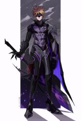 1boy abs armor black_armor blonde_hair clawed_gauntlets cloud_strife cloud_strife_(bahamut_garb) dragon_wings eye_mask facial_mark final_fantasy final_fantasy_vii final_fantasy_vii_ever_crisis gloves highres male_focus official_alternate_costume short_hair single_shoulder_pad single_wing spiked_hair sword toned toned_male vani_(hisha_04) weapon wings