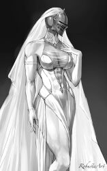 1girl abs alternate_costume anri_of_astora artist_name breasts bridal_veil dark_souls_(series) dark_souls_iii dress feet_out_of_frame gloves gradient_background grey_background hand_up helm helmet highres large_breasts muscular muscular_female robusta_mania solo standing veil wedding_dress white_gloves