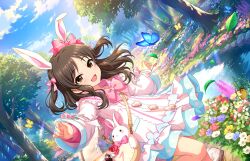 1girl bow bowtie bridge brown_eyes brown_hair bug bush butterfly clock cloud dress falling_leaves falling_petals field flower flower_field forest game_cg grass hair_bow heart idolmaster idolmaster_cinderella_girls idolmaster_cinderella_girls_starlight_stage insect leaf nature official_art one_leg_raised open_mouth petals pink_dress rabbit_ears solo stream sunlight tachibana_arisu tree twintails