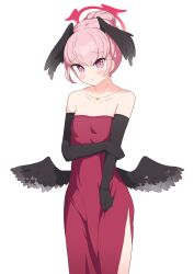 1girl 3: absurdres alternate_costume alternate_hairstyle bare_shoulders black_gloves black_wings blue_archive blush clothing_cutout collarbone commentary dress elbow_gloves evening_gown feathered_wings gloves hair_between_eyes hair_bun halo head_tilt head_wings highres holding_own_arm jewelry kittenlochen koharu_(blue_archive) long_hair looking_at_viewer necklace pendant pink_eyes pink_hair red_dress sidelocks simple_background single_hair_bun solo strapless strapless_dress sweatdrop tail tail_through_clothes white_background wings