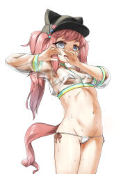 Rule 34 | 1girl, absurdres, agnes digital (umamusume), alternate costume, animal ears, armpits, bikini, black hat, blue eyes, breasts, commentary request, cowboy shot, groin, hair ornament, hat, highres, horse ears, horse girl, horse tail, jacket, long hair, long sleeves, micro bikini, navel, open mouth, peaked cap, pink hair, polka dot, polka dot bikini, see-through clothes, see-through jacket, side-tie bikini bottom, simple background, small breasts, solo, stomach, sweat, swimsuit, tail, umamusume, white background, yingjian