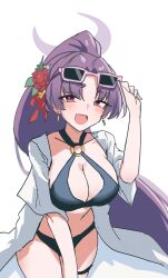 adjusting_eyewear bikini black_bikini blue_archive blush breasts cleavage eyewear_on_head flower gabang hair_flower hair_ornament halo highres jacket large_breasts long_hair looking_at_viewer o-ring o-ring_bikini official_alternate_costume official_alternate_hairstyle open_mouth ponytail purple_eyes purple_hair swimsuit thick_eyebrows yukari_(blue_archive) yukari_(swimsuit)_(blue_archive)