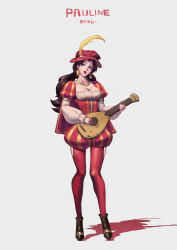 1girl bard black_boots blue_eyes boots breasts brown_hair character_name check_clothing cleavage clothing_request commentary donkey_kong_(series) dress earrings english_commentary full_body hat hat_feather highres hip_vent holding holding_instrument holding_lute instrument jewelry juliet_sleeves lips long_hair long_sleeves looking_at_viewer lute_(instrument) mario_(series) medium_breasts multicolored_dress necklace nintendo open_mouth pants pauline_(mario) phamoz puffy_sleeves red_dress red_hat red_lips red_pants shadow simple_background skindentation solo standing tight_clothes tight_pants white_dress yellow_dress