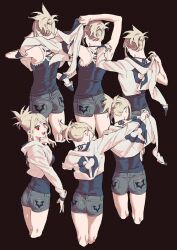 1girl ass black_background blonde_hair cropped_legs denim henken jacket monochrome red_eyes short_shorts shorts shrug_(clothing) sienna_(henken) simple_background tagme tank_top