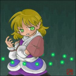 1girl arm_warmers blonde_hair gradient_background green_eyes green_light hand_on_own_shoulder hand_up looking_at_viewer lowres mizuhashi_parsee mo-musu open_hand pointy_ears sash scarf short_hair short_sleeves solo touhou white_sash white_scarf