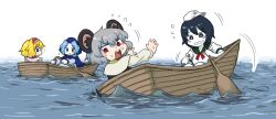 4girls alice_margatroid anchor_symbol animal_ears black_eyes black_hair blonde_hair blue_eyes blue_hair blue_hood blush boat bright_pupils bseibutsu closed_mouth colored_skin commentary_request cookie_(touhou) flour_(cookie) frilled_hairband frills gloom_(expression) grey_hair hairband hat highres hood hood_up ichigo_(cookie) kumoi_ichirin milk_(cookie) mouse_ears mouse_girl multiple_girls murasa_minamitsu nazrin notice_lines nyon_(cookie) oar open_mouth pink_hairband red_eyes rowboat rowing scared shirt short_hair touhou upper_body v-shaped_eyebrows water white_hat white_pupils white_shirt white_skin