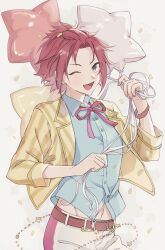 1boy ;d absurdres aqua_shirt balloon bangs_pinned_back bracelet cowboy_shot ensemble_stars! green_eyes highres holding holding_balloon isara_mao jacket jewelry looking_at_viewer male_focus midriff_peek one_eye_closed open_clothes open_jacket open_mouth red_hair red_ribbon reijiro ribbon shirt smile solo star_balloon white_background yellow_jacket