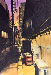 Rule 34 | absurdres, air conditioner, alley, apartment, dusk, highres, ibsukionsen, lantern, night, no humans, original, paper lantern, power lines, purple sky, railing, road, scenery, shadow, sky, street, utility pole