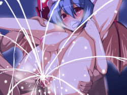 Rule 34 | 1girl, alternate breast size, bar censor, bat wings, blue hair, blush, breasts, censored, covered erect nipples, cum, cum in pussy, female ejaculation, folded, huge breasts, nipples, cum overflow, penis, pussy, raiden (artist), raiden (raiden labo), red eyes, remilia scarlet, sex, short hair, solo focus, spread legs, sweat, touhou, wings