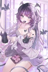 1girl belt belt_collar black_wings blue_eyes breasts cardigan collar collarbone covered_navel dress food grey_cardigan head_wings heart hello_kitty_(character) highres holding isari_sensei long_hair o-ring o-ring_belt original pacifier pocky purple_dress purple_hair small_breasts solo sushi white_belt wings