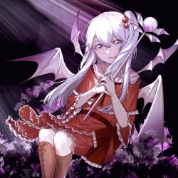 Rule 34 | 1girl, bow, breasts, capelet, dress, grey eyes, grey hair, hair bobbles, hair ornament, highres, holding, holding wand, long hair, multiple wings, one side up, open mouth, red dress, shinki (touhou), sly930105, solo, touhou, touhou (pc-98), wand, white hair, wings