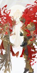 Rule 34 | 1girl, 2boys, absurdres, armor, blonde hair, breastplate, brother and sister, brown robe, cape, commentary, covered face, crumbling, dress, elden ring, english commentary, fake horns, floating hair, from side, fur-trimmed cape, fur trim, helmet, highres, hole on body, hollow body, horned helmet, horns, inset border, long hair, malenia blade of miquella, mechanical arms, mechanical legs, miquella (elden ring), multiple boys, nslacka, pauldrons, prosthesis, prosthetic arm, prosthetic leg, red cape, red hair, robe, shoulder armor, siblings, simple butterfly, starscourge radahn, sword, symmetry, weapon, white dress, winged helmet