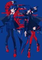 Rule 34 | 2girls, arm at side, arm up, black choker, black dress, black pantyhose, blue background, blue dress, blue eyes, blue hair, blue shoes, braid, choker, colored inner hair, corrupted twitter file, detached sleeves, diamond earrings, dissolving, dress, dual persona, earrings, fagun yibei, floating hair, full body, half-closed eyes, highres, holding, holding microphone, hood, hood down, hooded jacket, jacket, jewelry, kamitsubaki studio, looking to the side, microphone, multicolored eyes, multicolored hair, multiple girls, open clothes, open jacket, pantyhose, red eyes, red hair, red jacket, red shoes, red thighhighs, rim (kamitsubaki studio), shoes, short dress, short hair, side-by-side, side braid, simple background, thighhighs, virtual youtuber, yellow pupils