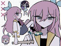 +_+ 1girl aged_down aubrey_(faraway)_(omori) aubrey_(headspace)_(omori) aubrey_(omori) barefoot baseball_bat black_eyes black_hair blue_eyes blue_hairband blue_shirt chibi closed_mouth collarbone crop_top hairband highres holding holding_baseball_bat holding_stuffed_toy jacket long_hair long_shirt looking_at_viewer mr._plantegg_(omori) nail_(hardware) nail_bat omori open_mouth pink_hair shirt short_sleeves smile solo stuffed_eggplant stuffed_toy t-shirt u_donburi white_jacket