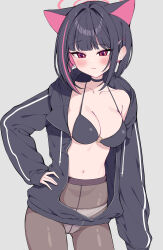 1girl animal_ears bikini black_bikini black_choker black_hair black_hoodie black_pantyhose blue_archive blush breasts cat_choker cat_ears choker closed_mouth colored_inner_hair grey_background hair_behind_ear hair_ornament hairclip halo hand_on_own_hip highres hood hoodie kazusa_(blue_archive) long_sleeves looking_at_viewer medium_hair metaljelly multicolored_hair navel o-ring o-ring_top open_clothes open_hoodie panties panties_under_pantyhose pantyhose pink_eyes pink_hair pink_halo simple_background sleeves_past_wrists solo stomach swimsuit thighs two-tone_hair underwear white_panties
