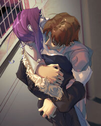 2boys absurdres arm_around_neck ayanokouji_kiyotaka bandaid bandaid_on_face bandaid_on_nose black_jacket black_shirt blue_jeans brown_hair closed_eyes denim fur-trimmed_hood fur_trim grabbing_another&#039;s_arm grabbing_another&#039;s_ass groping highres hood hooded_jacket hug jacket jeans licking licking_another&#039;s_neck long_sleeves looking_at_another looking_back male_focus multiple_boys pants purple_hair realistic_background ryuuen_kakeru shirt short_hair white_jacket yaoi yizhongziwei youkoso_jitsuryoku_shijou_shugi_no_kyoushitsu_e