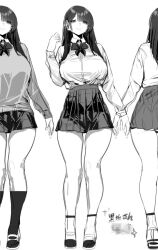 1girl alternate_costume blush bow bowtie breasts full_body greyscale jewelry large_breasts long_hair long_sleeves monochrome multiple_views original pleated_skirt school_uniform shirt_tucked_in shoes sketch skirt smile socks solo_focus standing thighs underwear variations xiaoluo_xl