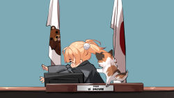 1girl blush_stickers commentary dog english_commentary green_eyes hair_ornament indie_virtual_youtuber japanese_flag judge long_sleeves pedobear pom_pom_(clothes) pom_pom_hair_ornament shigure_ui_(vtuber) shigure_ui_(vtuber)_(young) short_hair solo sydus twintails virtual_youtuber