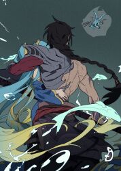1girl 2boys arm_around_shoulder arm_tattoo black_hair blue_dress blue_hair blue_sleeves braid bubble detached_sleeves dress fish fizz_(league_of_legends) flying_fish from_behind grey_background hand_on_another&#039;s_back holding holding_weapon incoming_attack kayn_(league_of_legends) league_of_legends long_hair looking_down looking_up multiple_boys muscular muscular_male red_rope rope simple_background single_bare_arm single_braid sona_(league_of_legends) standing tattoo twintails very_long_hair water weapon zaket07