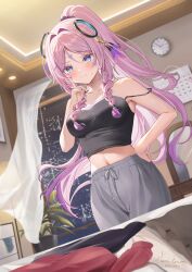 1girl absurdres alternate_costume alternate_hairstyle bare_shoulders black_camisole blue_eyes blush camisole citlali_(genshin_impact) closed_mouth collarbone commentary contemporary english_commentary facial_mark finger_to_face floating_headgear forehead_mark genshin_impact gradient_hair grey_pants hair_intakes hand_on_own_hip harukix headgear highres index_finger_raised indoors long_hair midriff multicolored_hair navel pants pink_hair pink_pupils ponytail purple_hair signature solo strap_slip sweatdrop thinking triangle triangle_facial_mark very_long_hair