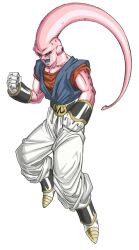 1boy black_sclera blue_shirt clenched_hands colored_sclera colored_skin cosplay dragon_ball dragonball_z fenyon full_body majin_buu male_focus no_eyebrows orange_shirt pants pink_skin red_eyes shirt simple_background solo super_buu vegetto vegetto_(cosplay) white_background white_pants