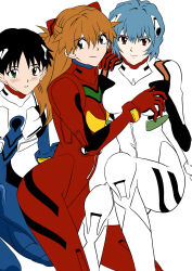 1boy 2girls absurdres ayanami_rei back between_legs black_hair blue_eyes blue_hair blush bodysuit breasts brown_hair bulge curvy embarrassed erection erection_under_clothes grabbing_another&#039;s_leg hair_ornament hetero highres ikari_shinji interface_headset_(evangelion) long_hair mecha_pilot_suit multiple_girls neon_genesis_evangelion plugsuit_(evangelion) red_bodysuit red_eyes short_hair simple_background sitting sitting_on_person skin_tight souryuu_asuka_langley sweat tsundere two_side_up yuutaku