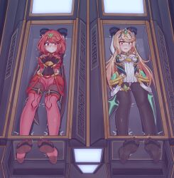 2girls absurdres black_pantyhose blonde_hair blush breasts circlet cleavage cleavage_cutout clothing_cutout core_crystal_(xenoblade) dress elbow_gloves feet galiter07 gloves highres long_hair looking_at_viewer lying medium_breasts medium_hair multiple_girls mythra_(massive_melee)_(xenoblade) mythra_(xenoblade) nintendo no_shoes on_back open_mouth panties pantyhose pyra_(xenoblade) red_eyes red_hair red_shorts red_thighhighs restrained shorts soles stirrup_legwear super_smash_bros. swept_bangs thighhighs toeless_legwear toes underwear white_dress white_gloves white_panties xenoblade_chronicles_(series) xenoblade_chronicles_2 yellow_eyes