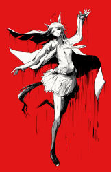 1girl absurdres animal_ears arm_up coat collared_shirt floating_hair greyscale_with_colored_background hand_up highres horse_ears horse_girl horse_tail long_hair looking_at_viewer manhattan_cafe_(umamusume) melting necktie open_clothes open_coat pantyhose parted_lips pleated_skirt red_background red_theme ringring_(artist) shirt simple_background skirt smile solo tail umamusume very_long_hair