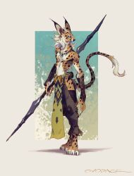 1boy animal_ears arm_at_side artist_name barefoot black_pants body_fur border cat_boy cat_ears cat_tail claws commentary digitigrade earrings fewer_digits full_body furry furry_male green_background green_eyes highres holding holding_polearm holding_weapon hoop_earrings jewelry looking_to_the_side male_focus medium_hair murayama_ryota necklace orange_fur original outside_border pants pelvic_curtain polearm signature simple_background slit_pupils solo spots standing tail topless_male vambraces weapon white_hair yellow_border