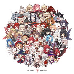 6+girls animal animal_ears animal_on_head armor ball_and_chain_(weapon) bird bird_on_head black_hair blonde_hair blue_eyes blue_hair blush borrowed_character braid brown_hair cat chibi closed_eyes eyepatch flower glasses green_eyes grin hat highres hood horns long_hair looking_at_viewer multiple_girls on_head one_eye_closed open_mouth original pink_eyes pink_hair pixiv_fantasia pixiv_fantasia_fallen_kings pointy_ears purple_eyes purple_hair rabbit red_eyes red_hair rose saru short_hair simple_background single_horn skirt smile staff star-shaped_pupils star_(symbol) sword symbol-shaped_pupils top_hat weapon white_background white_hair wings witch_hat yellow_eyes