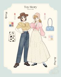 2girls blonde_hair blue_eyes bo_peep_(toy_story) boots brown_hair cowboy_boots cowboy_hat cowboy_western cowgirl_(western) dress genderswap hat highres long_hair long_sleeves meecosme multiple_girls pants puffy_sleeves ribbon sheriff_woody shirt short_hair simple_background smile toy_story