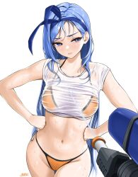 1girl bae_minah_(chaesu) bikini blue_eyes blue_hair chaesu groin navel simple_background swimsuit tagme water water_gun wet wet_clothes white_background