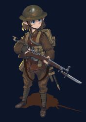 1girl ammunition ammunition_pouch ankle_lace-up backpack bag bayonet belt blue_eyes bolt_action boots brodie_helmet brown_boots brown_hair brown_jacket brown_pants bullet buttons canada canadian_army casing_ejection chin_strap combat_helmet commentary commission elf entrenching_tool erica_(naze1940) fingerless_gloves full_body gloves gun gun_sling helmet highres holding holding_gun holding_weapon jacket lace-up_boots leg_wrap load_bearing_equipment long_sleeves medium_hair military military_uniform open_mouth original pants pointy_ears pouch puttee rifle ross_rifle shadow shell_casing simple_background soldier solo standing teeth weapon world_war_i