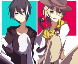 2boys alicein_mikuni backpack bag black_hair blonde_hair blue_eyes braid cowboy_hat doll doubt_doubt doubt_doubt_(snake_form) hat licht_jekylland_todoroki mi2457 multicolored_hair multiple_boys pants scarf servamp short_hair side_braid snake two-tone_hair white_hair white_pants yellow_eyes yellow_scarf