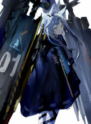 1girl absurdres animal_ear_fluff animal_ears arknights cat_ears cat_girl cloak closed_mouth commentary english_commentary expressionless green_eyes highres hood hood_down hooded_cloak hooded_jacket i_(pixiv27212731) jacket long_hair rhodes_island_logo_(arknights) rosmontis_(arknights) simple_background sketch solo white_background white_hair