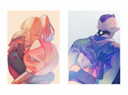 1boy 3girls adora_(she-ra) animal_ears back blonde_hair blue_hair brown_hair cape cat_ears catra closed_eyes couple entrapta gloves highres hordak masters_of_the_universe multiple_girls pointy_ears ponytail purple_eyes purple_hair she-ra_and_the_princesses_of_power simple_background takamizo twintails upper_body bad_tag villains yuri