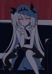 1girl arm_rest asymmetrical_legwear bare_shoulders black_corset black_thighhighs black_wrist_cuffs bow bowtie closed_mouth commentary corset couch dark dogari elbow_rest frilled_shirt frilled_wrist_cuffs frills glowing glowing_eyes hair_ribbon hairband hand_on_own_cheek hand_on_own_face hand_up highres lilith_(the_noexistencen_of_you_and_me) long_hair looking_at_viewer mismatched_legwear mismatched_wrist_cuffs on_couch pleated_skirt red_background red_eyes ribbon shirt shirt_tucked_in sitting skirt smile solo the_noexistencen_of_you_and_me thighhighs thighs twintails very_long_hair white_bow white_hair white_hairband white_shirt white_thighhighs white_wrist_cuffs wrist_cuffs