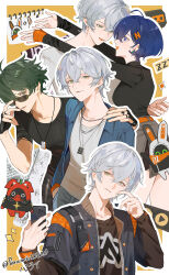 1girl 2boys absurdres bangboo_(zenless_zone_zero) belle_(delicate_sunlight)_(zenless_zone_zero) belle_(zenless_zone_zero) black_shirt blue_hair blue_jacket brother_and_sister crossed_bangs fingerless_gloves gloves green_eyes green_hair grey_hair grey_shirt hair_ornament hair_over_one_eye highres jacket letter_hair_ornament lighter_(zenless_zone_zero) multiple_boys open_clothes open_shirt orange_gloves parai0 shirt short_hair siblings single_fingerless_glove smile sunglasses wise_(zenless_zone_zero) zenless_zone_zero