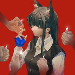 1girl 5others absurdres animal_ear_fluff animal_ears arknights between_fingers black_hair black_vest blue_eyes blue_gloves buttons chinese_commentary cigarette closed_mouth collared_shirt commentary fingerless_gloves fire gloves highres holding holding_cigarette holding_lighter john_wick lighter long_hair long_sleeves multicolored_eyes multiple_others official_alternate_costume oneworldtwo parody red_background shirt sidelocks solo_focus surrounded surrounded_by_hands texas_(arknights) texas_the_omertosa_(arknights) two-tone_eyes vest white_shirt wolf_ears wolf_girl yellow_eyes