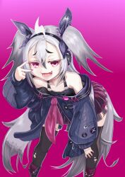 Rule 34 | 1girl, absurdres, ahoge, azur lane, bare shoulders, black hair, black thighhighs, blue ribbon, collarbone, fang, gleam-and-dark, gradient hair, hair ribbon, hand on own knee, headphones, highres, long hair, looking at viewer, miller (azur lane), multicolored hair, open mouth, purple background, purple eyes, red nails, ribbon, simple background, solo, thighhighs, torn clothes, torn thighhighs, two side up, v, v over eye, very long hair