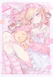 0202ase 1girl absurdres alternate_costume blonde_hair border bow breasts choker cleavage dress foot_out_of_frame frilled_choker frilled_dress frills gradient_hair hair_bow hair_ornament hairclip hand_up heart highres hinomori_shiho holding holding_stuffed_toy hoshino_ichika_(project_sekai) kneehighs light_blush looking_at_viewer lying medium_breasts mochizuki_honami multicolored_hair multiple_hair_bows off_shoulder on_side ornate_border parted_bangs pink_bow pink_eyes pink_hair pink_socks pink_sweater project_sekai smile socks solo strap_slip striped_clothes striped_socks stuffed_animal stuffed_rabbit stuffed_toy sweater tenma_saki white_dress