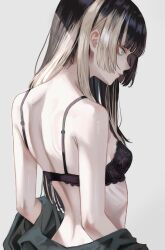 1girl absurdres back black_bra black_hair blue_eyes bra dhbwinner from_behind grey_hair highres hololive hololive_dev_is juufuutei_raden lace lace-trimmed_bra lace_trim long_hair multicolored_hair simple_background solo two-tone_hair underwear virtual_youtuber white_background