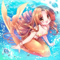 1girl bikini blush breasts cleavage collarbone forehead hair_intakes jewelry long_hair looking_at_viewer medium_breasts mermaid mermaid_melody_pichi_pichi_pitch monster_girl navel necklace open_mouth orange_eyes orange_hair sakurano_ru seira_(mermaid_melody_pichi_pichi_pitch) shell shell_bikini shell_necklace smile solo stomach swimsuit underwater
