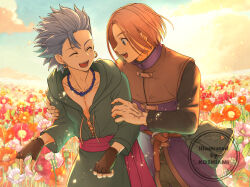 2boys artist_name bead_necklace beads belt black_shirt blue_eyes blue_hair brown_gloves brown_hair brown_trim camus_(dq11) closed_eyes cloud collarbone commentary_request couple cross-laced_clothes day dragon_quest dragon_quest_xi earrings field fingerless_gloves floating_hair flower flower_field flower_request gloves gold_earrings green_tunic grey_pants hand_on_another&#039;s_arm hand_tattoo hero_(dq11) hoop_earrings jewelry koshi_(meermisa) looking_at_another male_focus meadow multiple_boys necklace open_mouth orange_flower outdoors pants parted_hair pink_flower pixiv_id profile purple_tunic red_sash sash shirt short_hair single_bang smile spiked_hair tattoo tunic twitter_username upper_body yaoi