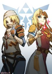 2girls bandages blonde_hair blue_eyes blush bracer braid breasts circlet dark-skinned_female dark_skin dual_persona earrings forehead_jewel gloves hat highres jewelry kuno_(runkunochan) long_hair looking_at_viewer mask multiple_girls nintendo pointy_ears ponytail princess_zelda red_eyes sheik short_hair simple_background smile super_smash_bros. surcoat the_legend_of_zelda the_legend_of_zelda:_a_link_between_worlds the_legend_of_zelda:_breath_of_the_wild the_legend_of_zelda:_ocarina_of_time tiara triforce tunic turban